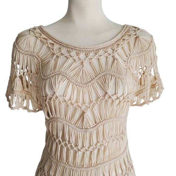 Macramé Crochet Open Weave Dress Beach Coverup Beige Size S/M - Picture 2 of 11